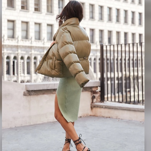 Olive green faux leather puffer jacket - Picture 2 of 6